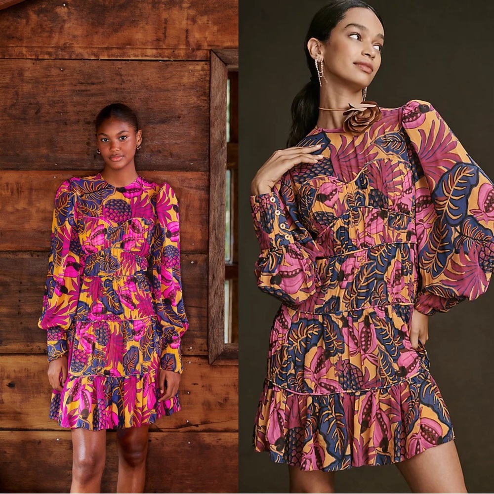 NWT FARM Rio Fruit Dream Pleated Tiered Dress